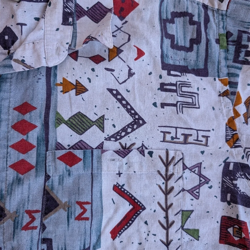Vintage Natural Issue White Linen Aztec Men's Button Down Shirt Large